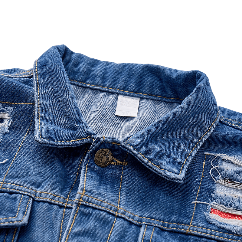 Gilet en jean bleu délavé et déchiré avec patchwork - image 4