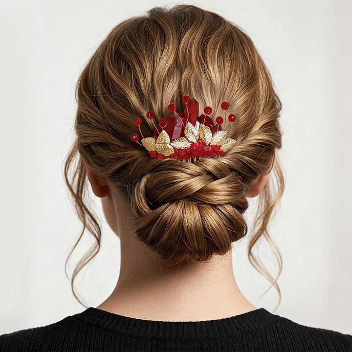 Peigne à cheveux pour femme orné de véritables feuilles de cristal enchantées - Rouge - image 0