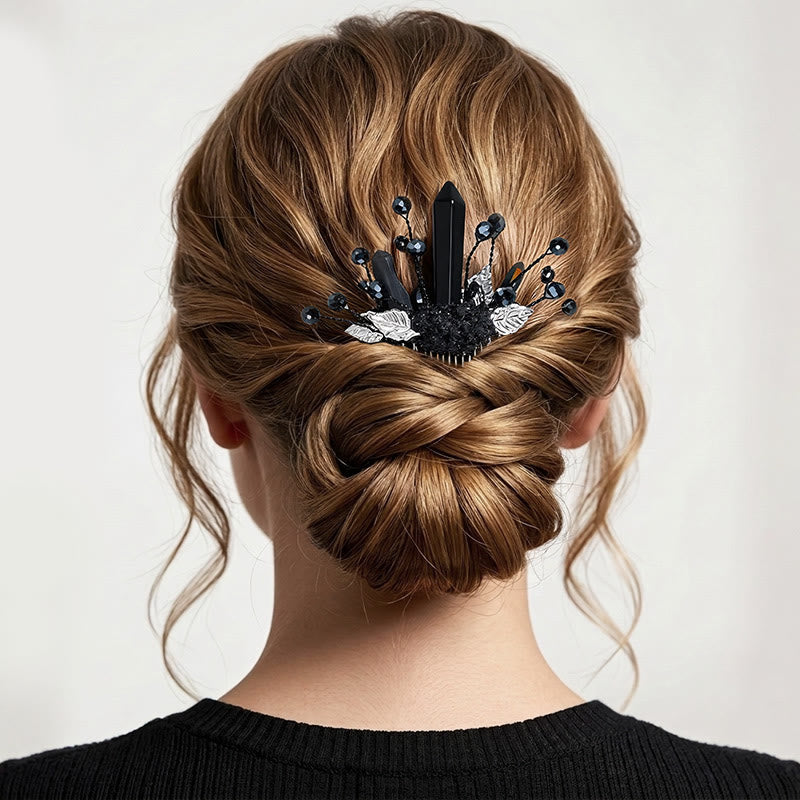 Peigne à cheveux pour femme orné de véritables feuilles de cristal enchantées - Noir - image 8