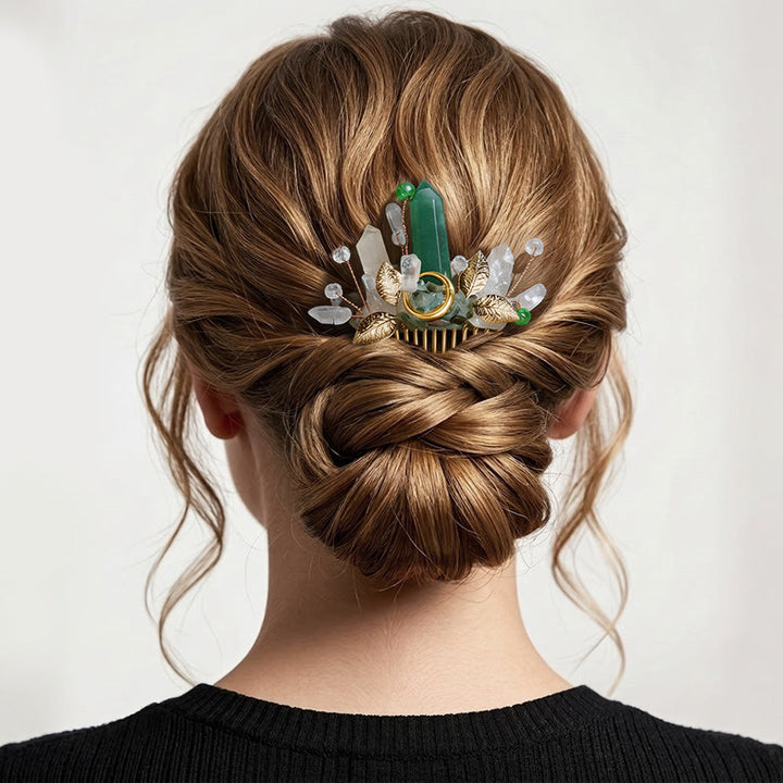 Peigne à cheveux pour femme orné de véritables feuilles de cristal enchantées - Vert - image 4
