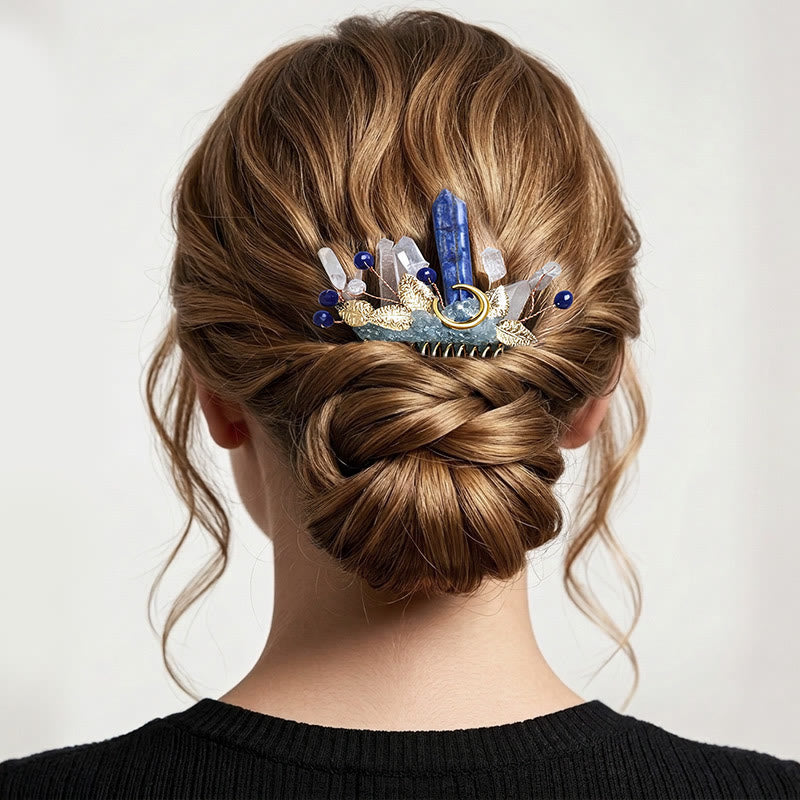 Peigne à cheveux pour femme orné de véritables feuilles de cristal enchantées - Bleu - image 2