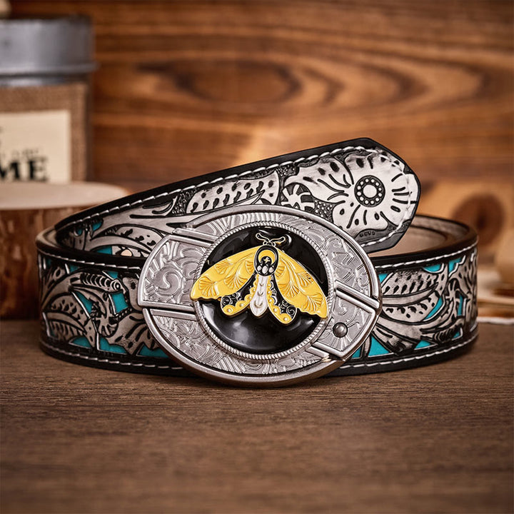 Boucle de couteau pliant caché en émail papillon jaune, à faire soi-même, ceinture en cuir - Papillon jaune - Ceinture à fleurs grises - 42 - image 8