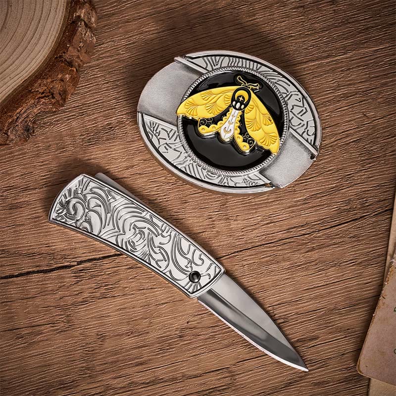 Boucle de couteau pliant caché en émail papillon jaune, à faire soi-même, ceinture en cuir - image 1