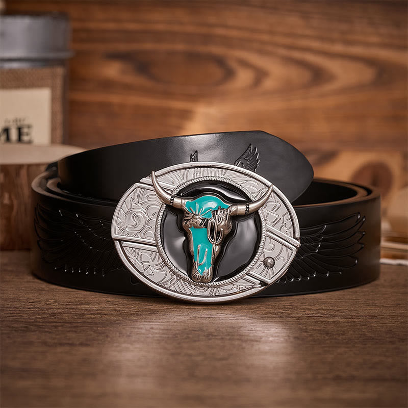 Ceinture en cuir avec boucle de couteau pliant caché Desert Spirit Bull à faire soi-même - Taureau turquoise - Ceinture noire à motif aigle en relief - 42 - image 2