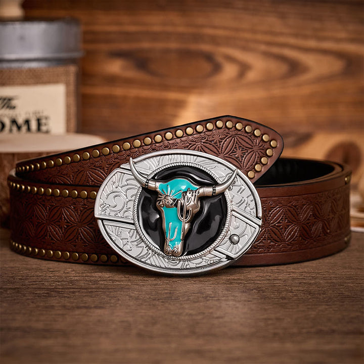 Ceinture en cuir avec boucle de couteau pliant caché Desert Spirit Bull à faire soi-même - Taureau turquoise - Ceinture à rivets marron - 42 - image 4