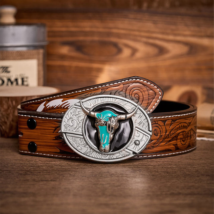 Ceinture en cuir avec boucle de couteau pliant caché Desert Spirit Bull à faire soi-même - Taureau turquoise - Ceinture de plumes brunes - 40 - image 7