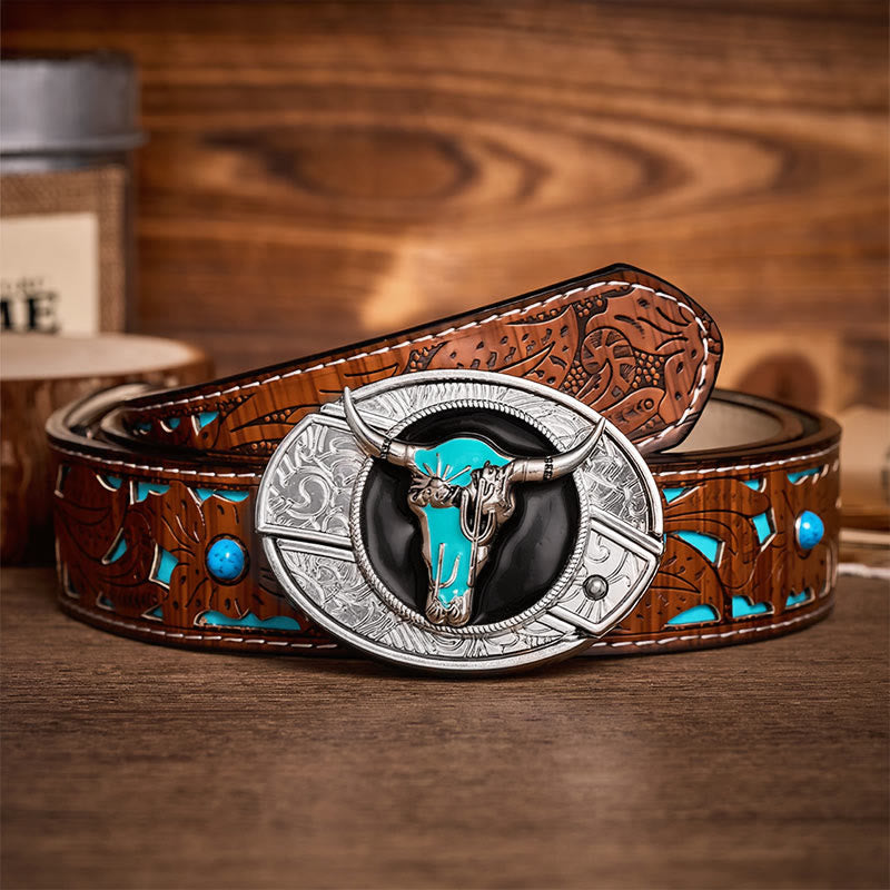 Ceinture en cuir avec boucle de couteau pliant caché Desert Spirit Bull à faire soi-même - Taureau turquoise - Ceinture turquoise sculptée - 42 - image 3