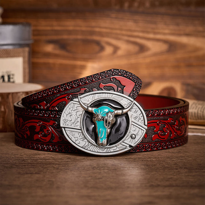 Ceinture en cuir avec boucle de couteau pliant caché Desert Spirit Bull à faire soi-même - Taureau turquoise - Ceinture sculptée marron - 42 - image 6