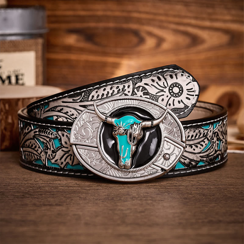 Ceinture en cuir avec boucle de couteau pliant caché Desert Spirit Bull à faire soi-même - Taureau turquoise - Ceinture à fleurs grises - 42 - image 8