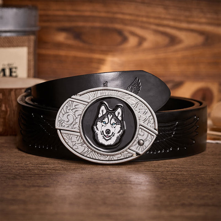 Ceinture en cuir avec boucle de couteau pliant dissimulé à faire soi-même, motif Husky aux yeux bleus - Rauque - Ceinture noire à motif aigle en relief - 42 - image 2