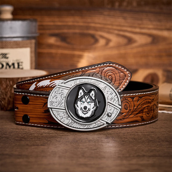 Ceinture en cuir avec boucle de couteau pliant dissimulé à faire soi-même, motif Husky aux yeux bleus - Rauque - Ceinture de plumes brunes - 40 - image 7