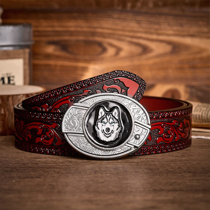 Ceinture en cuir avec boucle de couteau pliant dissimulé à faire soi-même, motif Husky aux yeux bleus - Rauque - Ceinture sculptée marron - 42 - image 6