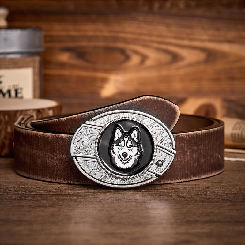 Ceinture en cuir avec boucle de couteau pliant dissimulé à faire soi-même, motif Husky aux yeux bleus - Rauque - Ceinture marron vieillie - 42 - image 5