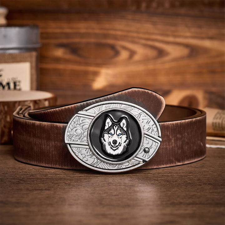 Ceinture en cuir avec boucle de couteau pliant dissimulé à faire soi-même, motif Husky aux yeux bleus - Rauque - Ceinture marron vieillie - 42 - image 5