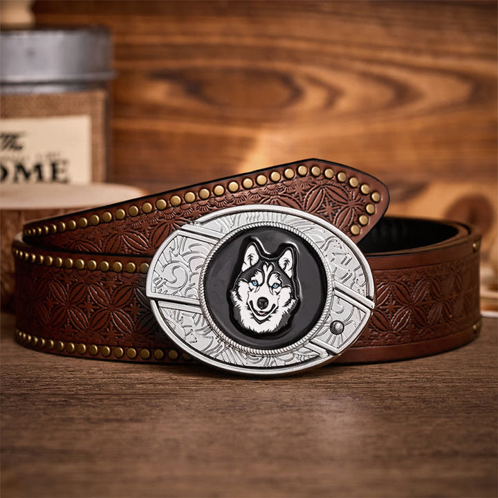 Ceinture en cuir avec boucle de couteau pliant dissimulé à faire soi-même, motif Husky aux yeux bleus - Rauque - Ceinture à rivets marron - 42 - image 4