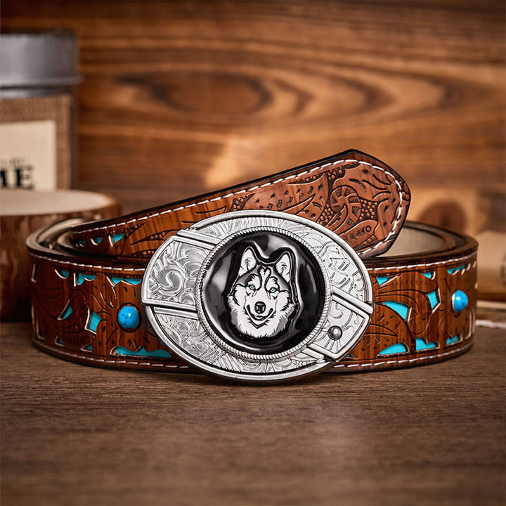Ceinture en cuir avec boucle de couteau pliant dissimulé à faire soi-même, motif Husky aux yeux bleus - Rauque - Ceinture turquoise sculptée - 42 - image 3