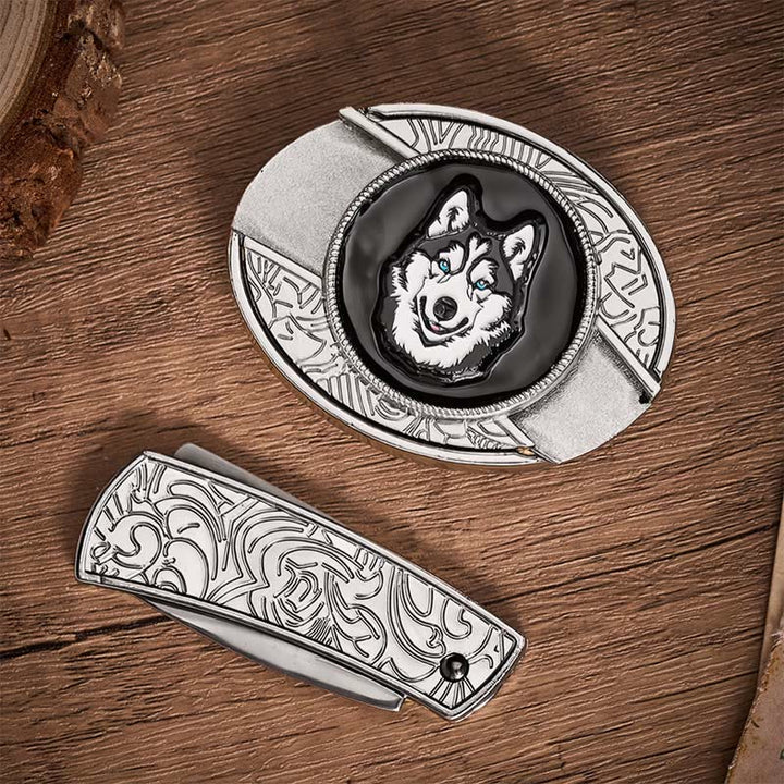 Ceinture en cuir avec boucle de couteau pliant dissimulé à faire soi-même, motif Husky aux yeux bleus - image 9