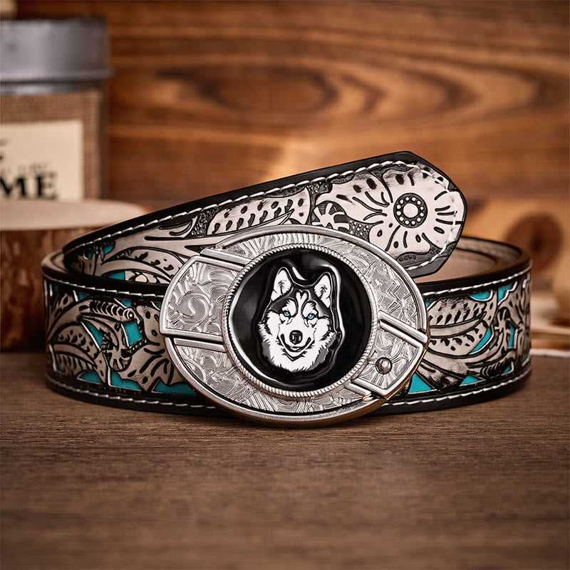 Ceinture en cuir avec boucle de couteau pliant dissimulé à faire soi-même, motif Husky aux yeux bleus - Rauque - Ceinture à fleurs grises - 42 - image 8
