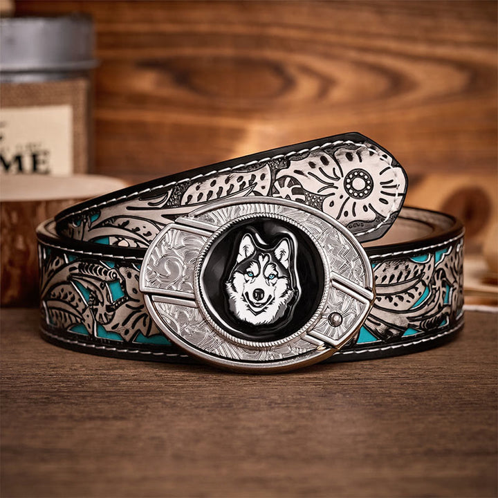 Ceinture en cuir avec boucle de couteau pliant dissimulé à faire soi-même, motif Husky aux yeux bleus - Rauque - Ceinture à fleurs grises - 42 - image 8