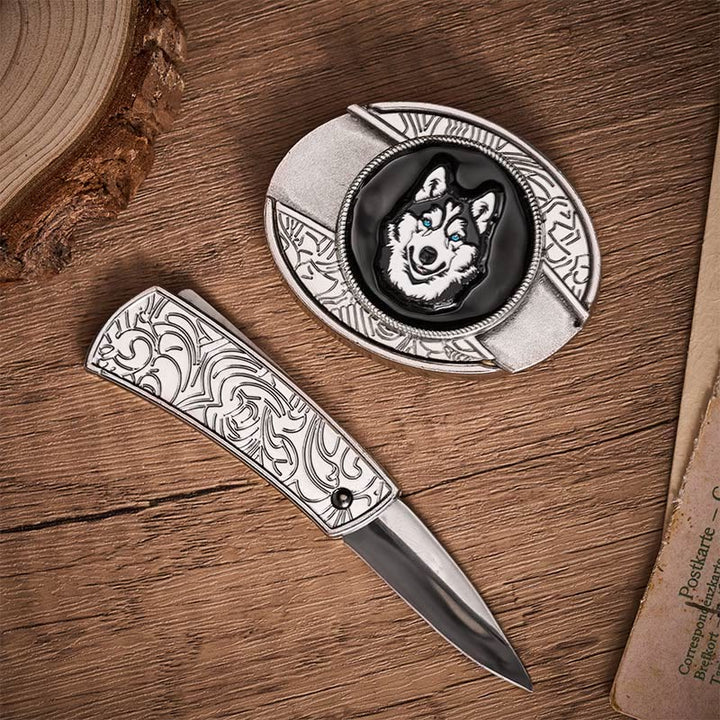 Ceinture en cuir avec boucle de couteau pliant dissimulé à faire soi-même, motif Husky aux yeux bleus - image 1