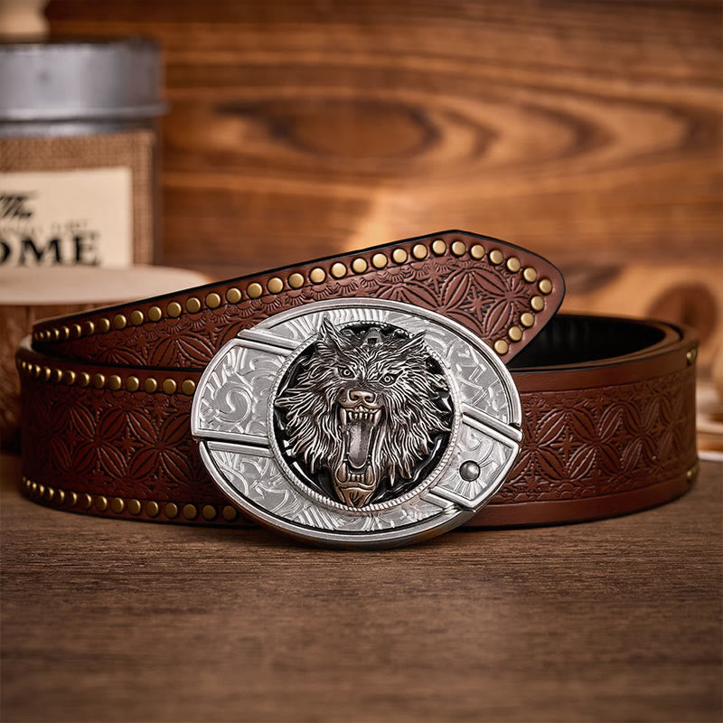 Boucle de couteau pliant dissimulé à tête de loup rugissante (à faire soi-même) - Ceinture en cuir - Loup - Ceinture à rivets marron - 42 - image 4