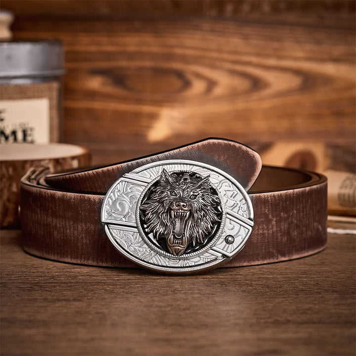 Boucle de couteau pliant dissimulé à tête de loup rugissante (à faire soi-même) - Ceinture en cuir - Loup - Ceinture marron vieillie - 42 - image 5