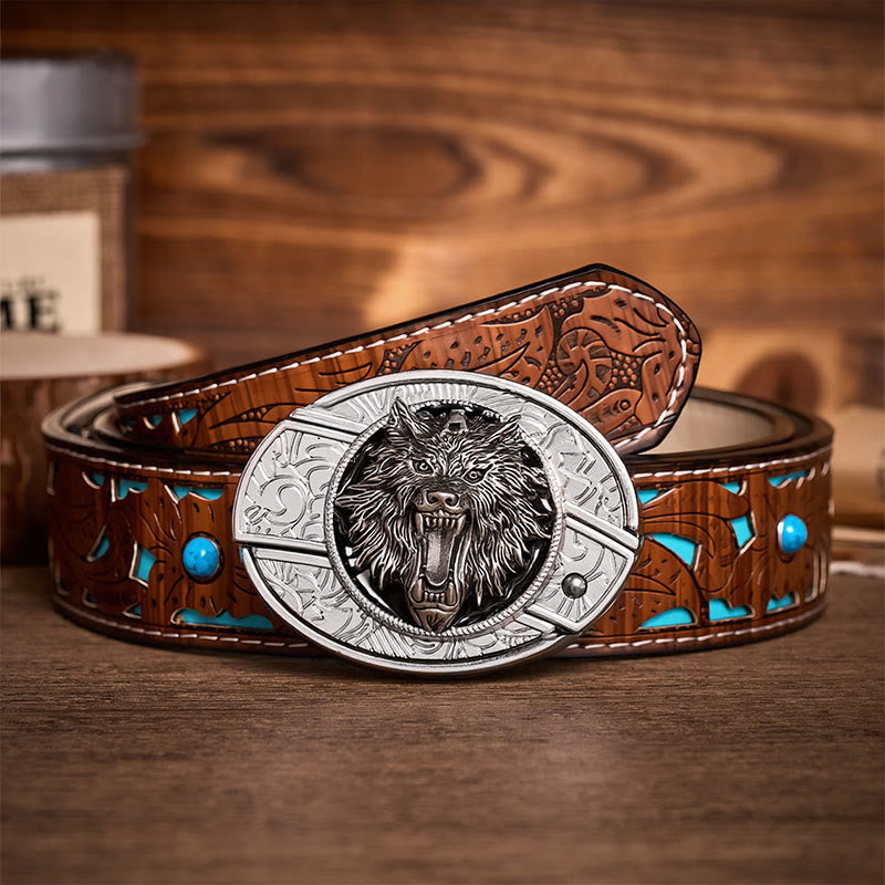 Boucle de couteau pliant dissimulé à tête de loup rugissante (à faire soi-même) - Ceinture en cuir - Loup - Ceinture turquoise sculptée - 42 - image 3