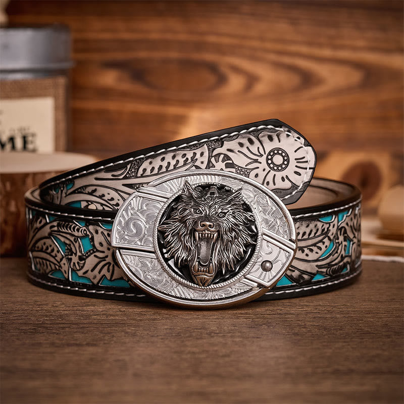 Boucle de couteau pliant dissimulé à tête de loup rugissante (à faire soi-même) - Ceinture en cuir - Loup - Ceinture à fleurs grises - 42 - image 8