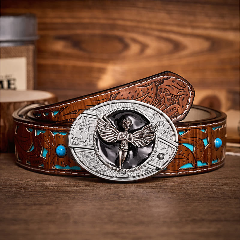 Ceinture en cuir avec boucle de couteau pliant caché Fallen Angel à faire soi-même - Ange - Ceinture turquoise sculptée - 42 - image 3