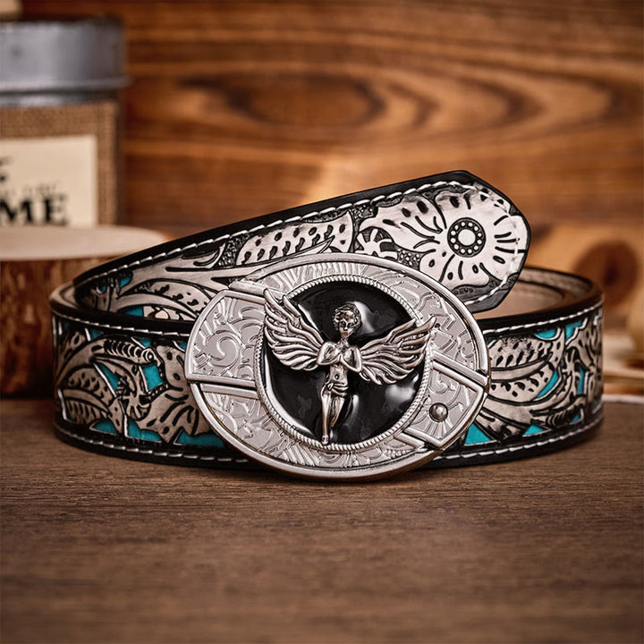 Ceinture en cuir avec boucle de couteau pliant caché Fallen Angel à faire soi-même - Ange - Ceinture à fleurs grises - 42 - image 8