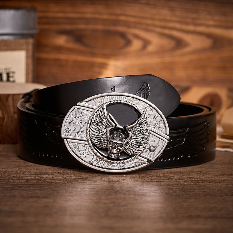 Ceinture en cuir avec boucle de couteau pliant dissimulé à motif de crâne ailé, style motard, à monter soi-même - Crâne ailé - Ceinture noire à motif aigle en relief - 42 - image 2