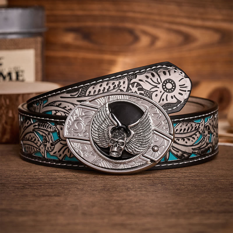 Ceinture en cuir avec boucle de couteau pliant dissimulé à motif de crâne ailé, style motard, à monter soi-même - Crâne ailé - Ceinture à fleurs grises - 42 - image 8