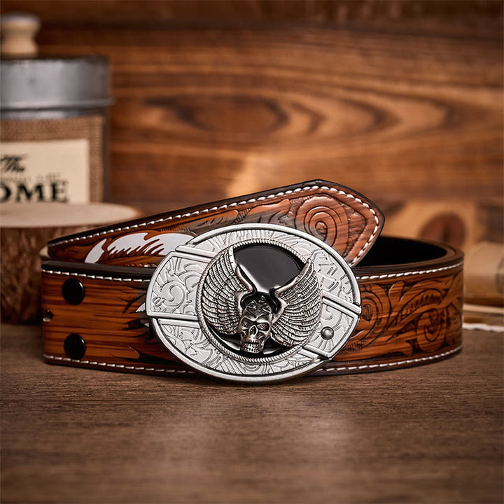 Ceinture en cuir avec boucle de couteau pliant dissimulé à motif de crâne ailé, style motard, à monter soi-même - Crâne ailé - Ceinture de plumes brunes - 40 - image 7