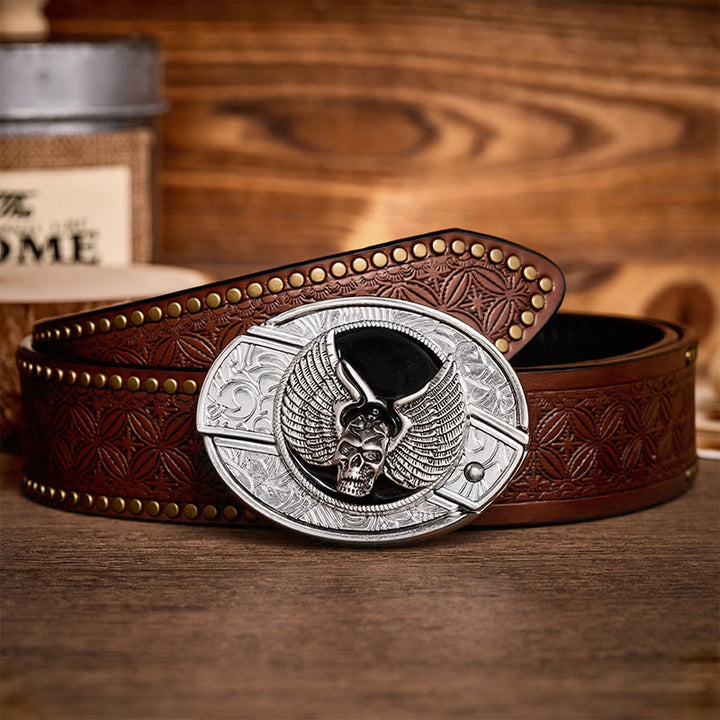 Ceinture en cuir avec boucle de couteau pliant dissimulé à motif de crâne ailé, style motard, à monter soi-même - Crâne ailé - Ceinture à rivets marron - 42 - image 4