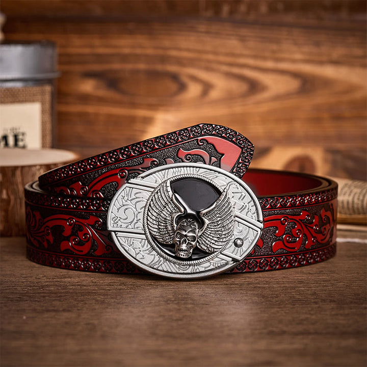 Ceinture en cuir avec boucle de couteau pliant dissimulé à motif de crâne ailé, style motard, à monter soi-même - Crâne ailé - Ceinture sculptée marron - 42 - image 6