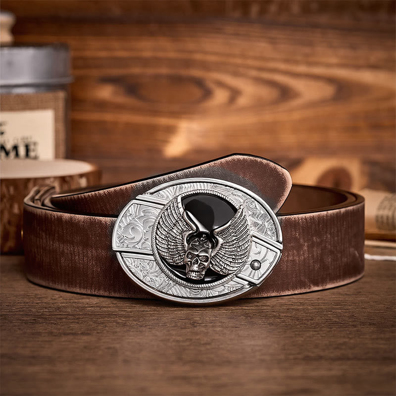Ceinture en cuir avec boucle de couteau pliant dissimulé à motif de crâne ailé, style motard, à monter soi-même - Crâne ailé - Ceinture marron vieillie - 42 - image 5