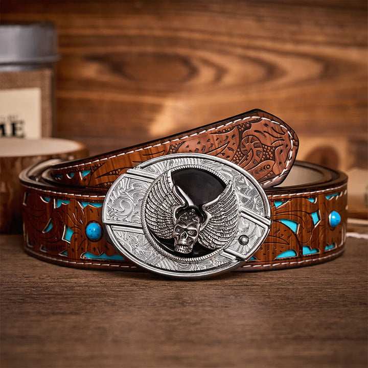 Ceinture en cuir avec boucle de couteau pliant dissimulé à motif de crâne ailé, style motard, à monter soi-même - Crâne ailé - Ceinture turquoise sculptée - 42 - image 3