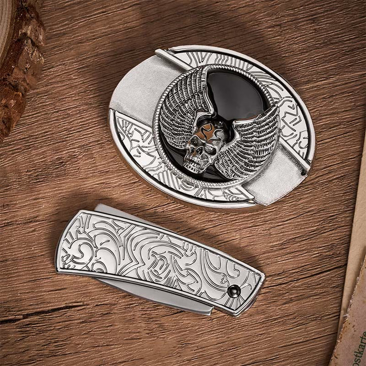 Ceinture en cuir avec boucle de couteau pliant dissimulé à motif de crâne ailé, style motard, à monter soi-même - image 9