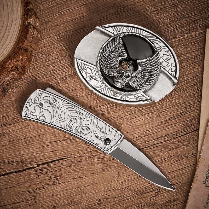 Ceinture en cuir avec boucle de couteau pliant dissimulé à motif de crâne ailé, style motard, à monter soi-même - image 1