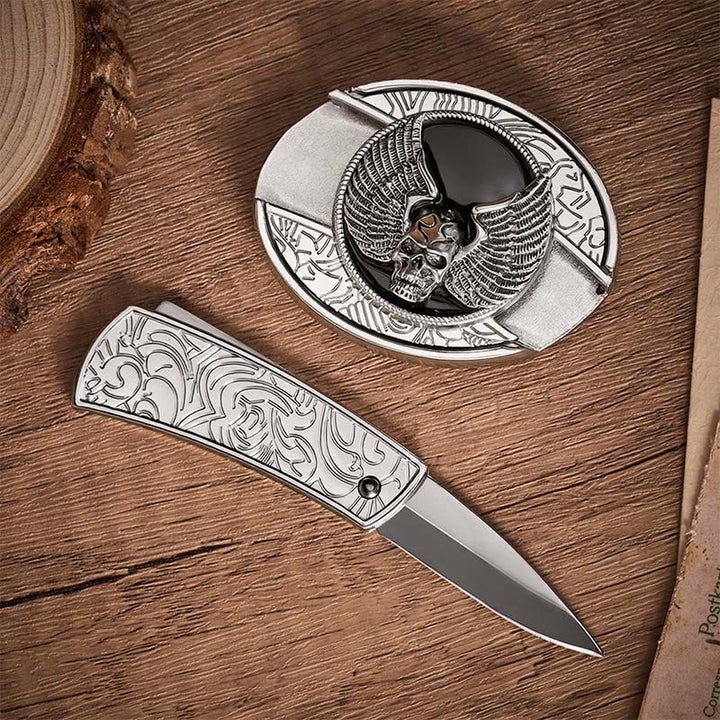Ceinture en cuir avec boucle de couteau pliant dissimulé à motif de crâne ailé, style motard, à monter soi-même - image 1
