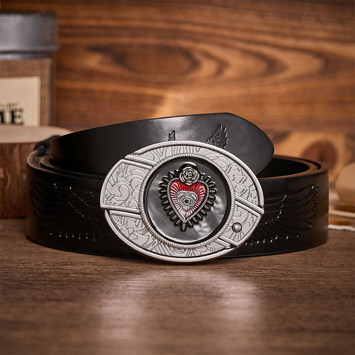 Ceinture en cuir avec boucle de couteau pliant dissimulé à motif Sacré-Cœur rouge et noir - Cœur rouge et noir - Ceinture noire à motif aigle en relief - 42 - image 2