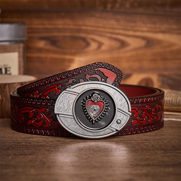 Ceinture en cuir avec boucle de couteau pliant dissimulé à motif Sacré-Cœur rouge et noir - Cœur rouge et noir - Ceinture sculptée marron - 42 - image 6