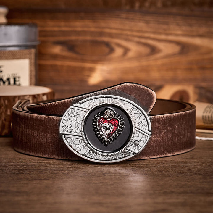 Ceinture en cuir avec boucle de couteau pliant dissimulé à motif Sacré-Cœur rouge et noir - Cœur rouge et noir - Ceinture marron vieillie - 42 - image 5
