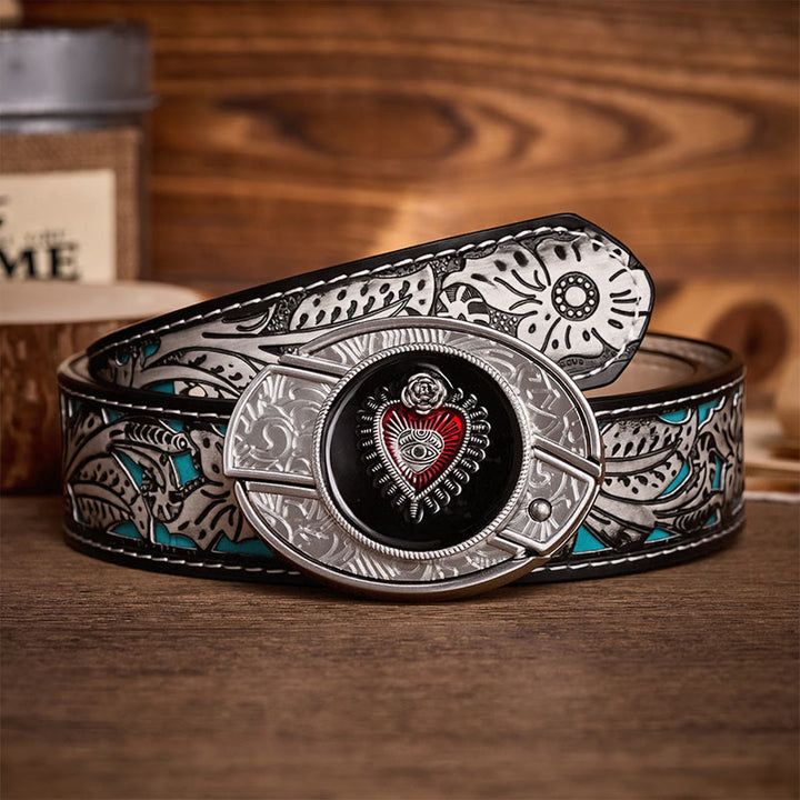 Ceinture en cuir avec boucle de couteau pliant dissimulé à motif Sacré-Cœur rouge et noir - Cœur rouge et noir - Ceinture à fleurs grises - 42 - image 8