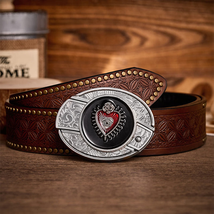 Ceinture en cuir avec boucle de couteau pliant dissimulé à motif Sacré-Cœur rouge et noir - Cœur rouge et noir - Ceinture à rivets marron - 42 - image 4