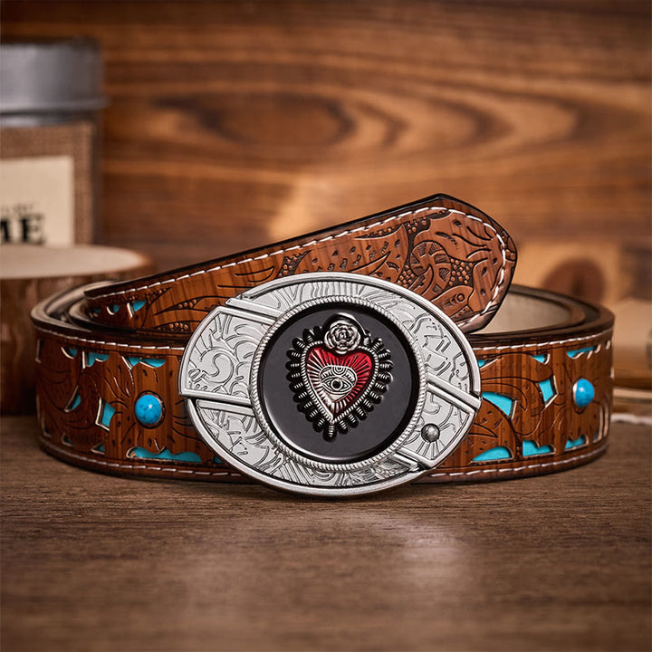 Ceinture en cuir avec boucle de couteau pliant dissimulé à motif Sacré-Cœur rouge et noir - Cœur rouge et noir - Ceinture turquoise sculptée - 42 - image 3