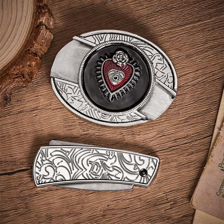 Ceinture en cuir avec boucle de couteau pliant dissimulé à motif Sacré-Cœur rouge et noir - image 9