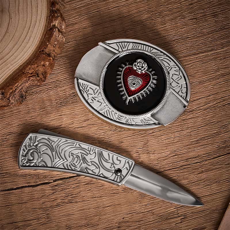 Ceinture en cuir avec boucle de couteau pliant dissimulé à motif Sacré-Cœur rouge et noir - image 1