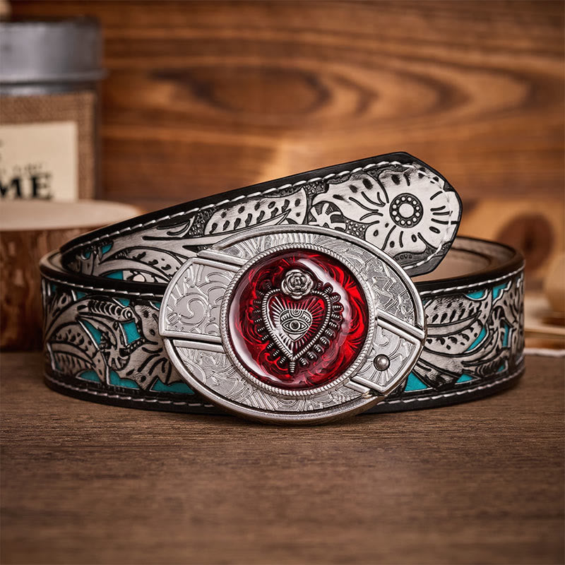 Ceinture en cuir avec boucle de couteau pliant dissimulée à faire soi-même, motif Sacré-Cœur cramoisi - Cœur Cramoisi - Ceinture à fleurs grises - 42 - image 8