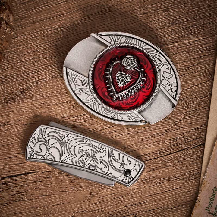 Ceinture en cuir avec boucle de couteau pliant dissimulée à faire soi-même, motif Sacré-Cœur cramoisi - image 10